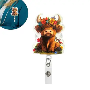 Cute Floral Cow ID Badge Clip, Retractable Name Card Holder, Nurse Nursing Badge Reel for Nurses, Teachers, Students, Office Workers, Teacher's Day Gift