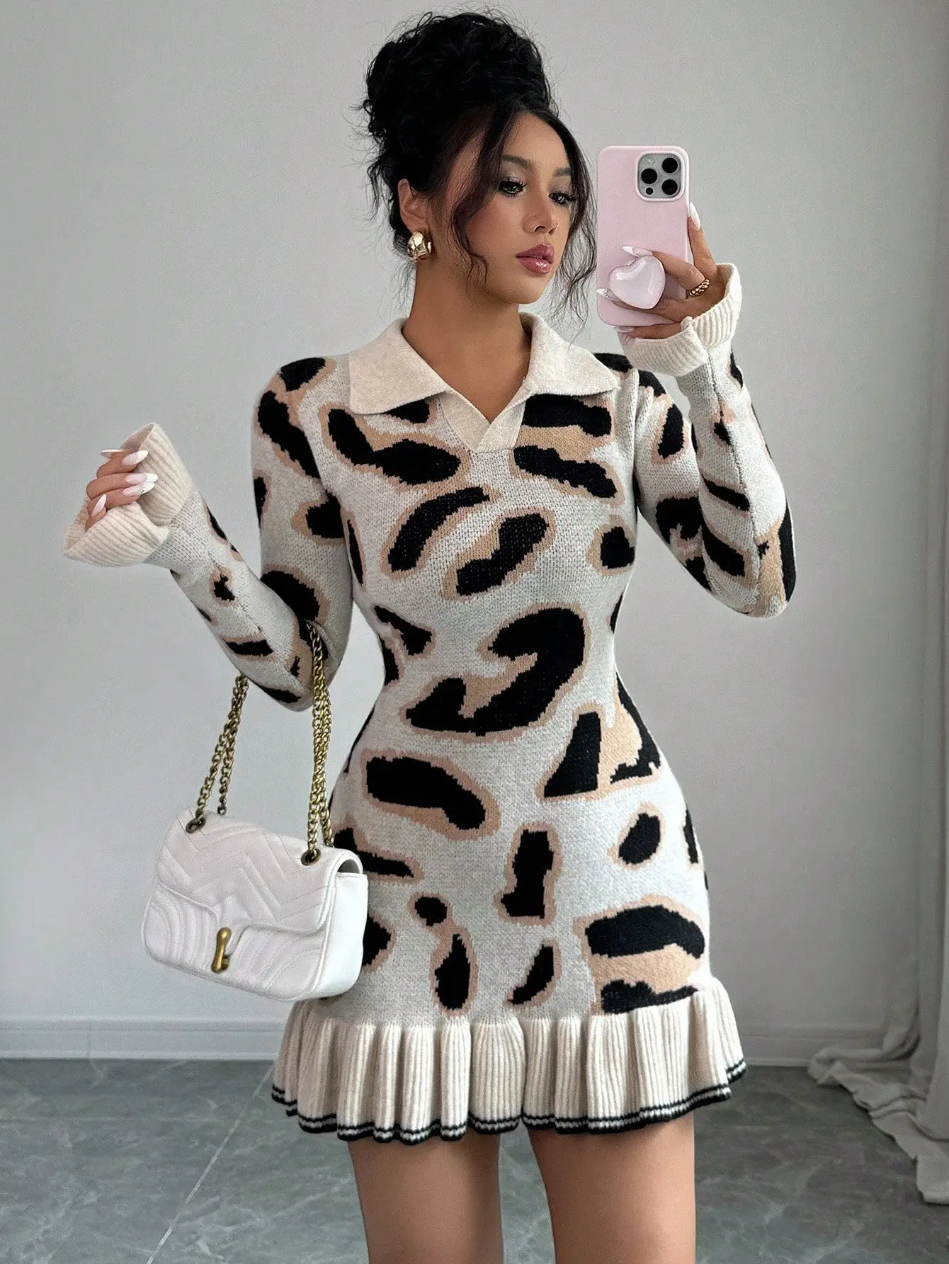 Women's Autumn/Winter Fashion Leopard Print Knit Ruffle Hem Bodycon Design Sweater  Dress Fall Cloth For Women - TikTok Shop