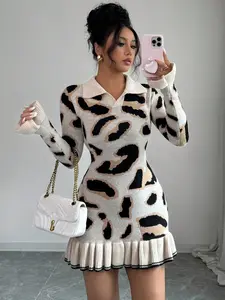 Women's Autumn/Winter Fashion Leopard Print Knit Ruffle Hem Bodycon Design Sweater Dress Fall Cloth For Women