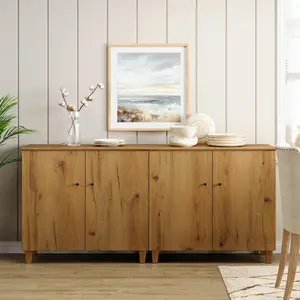 Sideboards Buffet Cabinets, 70.8" Wide Wooden Credenza Storage Cabinets with 4 Doors, Set of 2 Modern Kitchen Accent Cabinets with 6 Compartments for Living Room, Hallway, Oak BrownCreative multifunctional storage cabinet