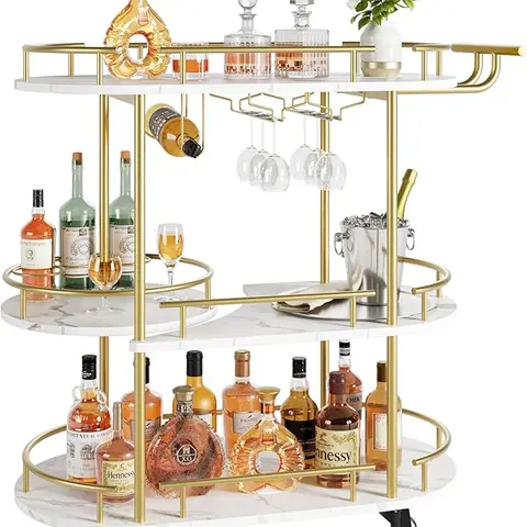 Bar Carts Gold with 4-Tiers Storage Shelves，Mobile Bar Seving Cart On Wheels with Wine Rack and Glass Holder for Kitchen, Living Room, Dining Room Installation Organiser Water Proof