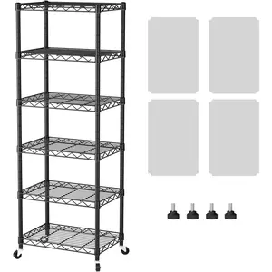 6 Shelves Storage Shelf Wire Closet Bathroom Organizers Metal Pantry Kitchen Small Garage Shelving Unit Laundry Room Organization Home Narrow Rack Net Basket with Wheels Black