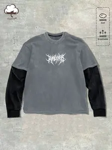 Unisex Oversized Y2K Graphic Tee, Gray & Black Color Block Long Sleeve Top, Soft Cotton Streetwear for Gender Neutral Wardrobe and Urban Outfits