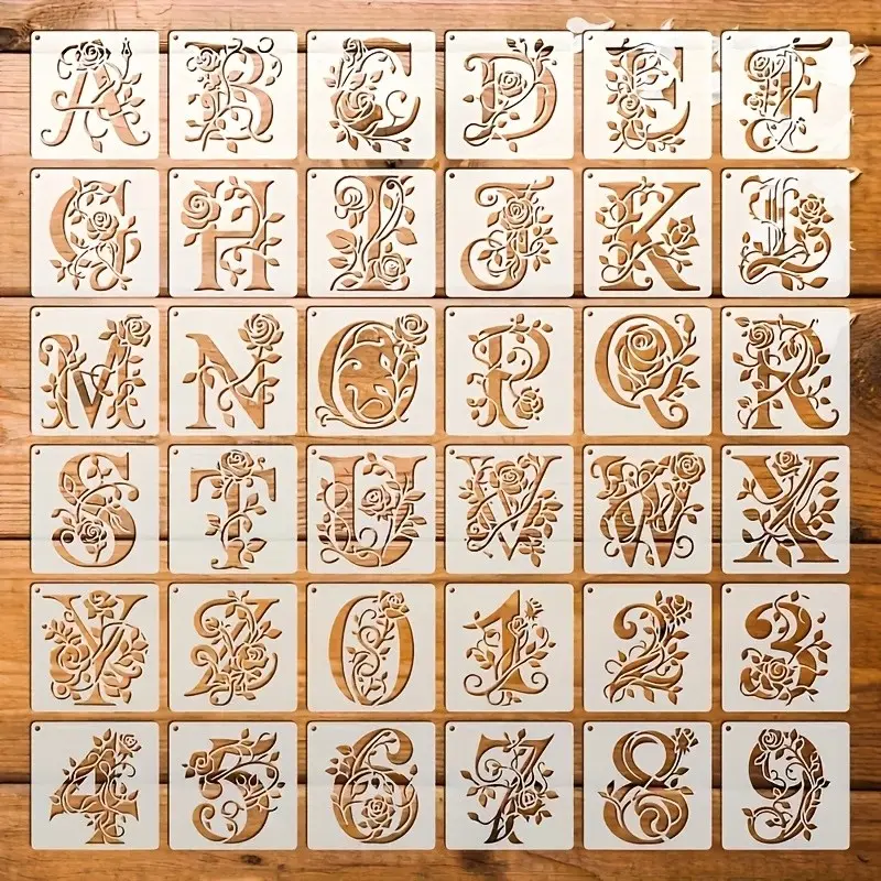 36pcs Floral Letter Templates, Reusable 10cm Rose Letter Stencils, Creative Designs, Art Supplies, Crafts, Ideal for Wall Art, DIY Decorative Stickers, Pillows, T-Shirts, Carving, Etching, More