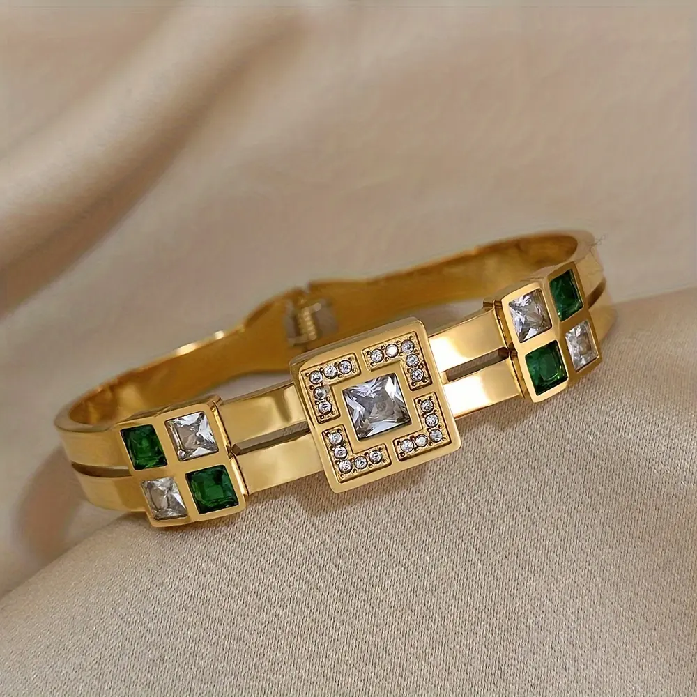 Gold-Plated Stainless Steel Fashion Arm Cuff Bangle - Lab Created Green Cubic Zirconia, Gold Aesthetic Arm Candy Accessories, Holiday Daily Jewelry for Adults, Synthetic, Arm Cuffs Bracelets & Bangles