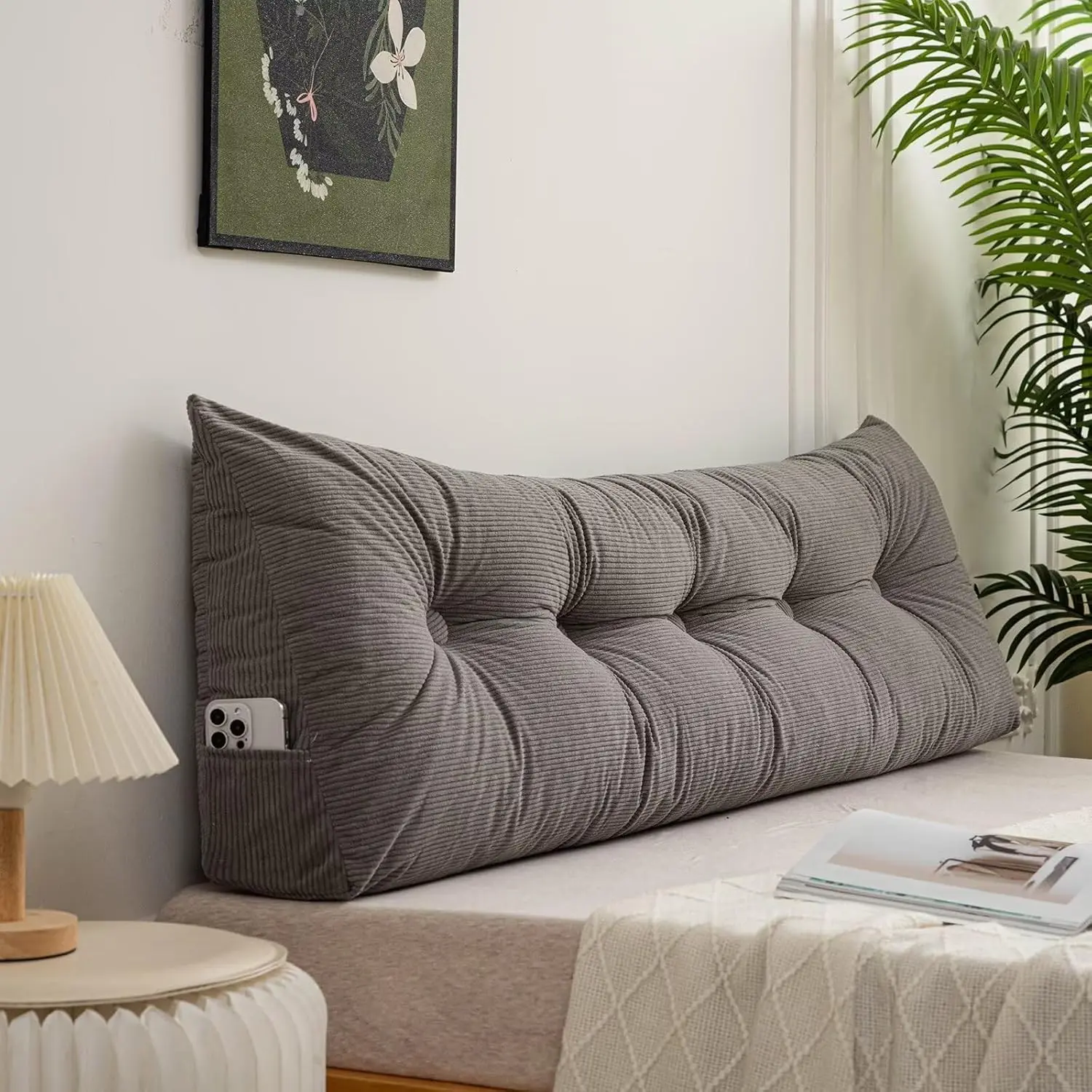 Triangular Headboard Pillow Twin Dorm Soft Headboard Bed Wedge Pillows for Headboard Bolster Cushion for Daybed with Side Pockets,Grey,39 * 4.7 * 15.7in