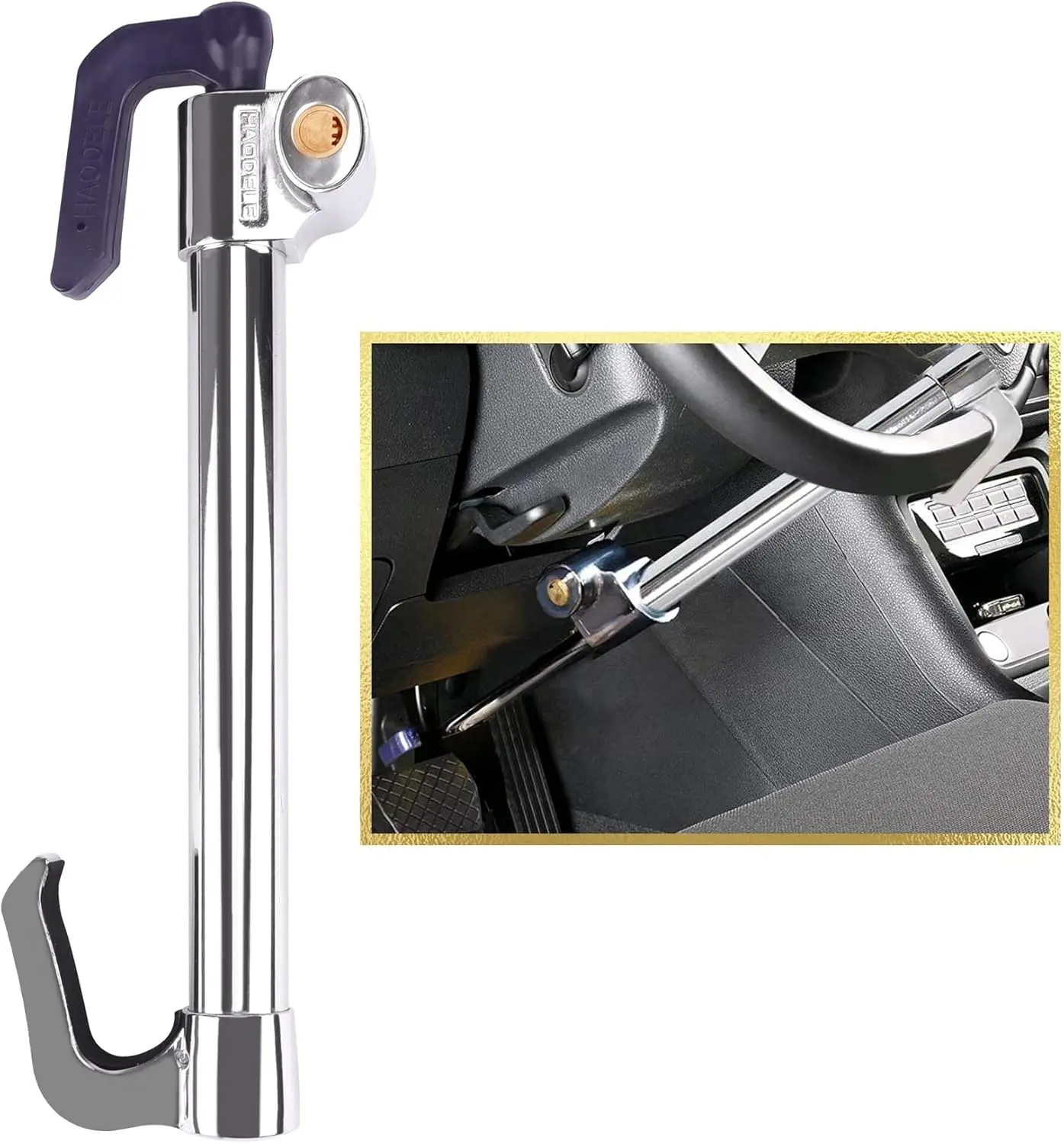 Universal Anti-Retractable Double Hook Steering Wheel & Clutch Pedal Lock with Telescopic Rod, Adjustable, Key Operated, Length Range, for SUV/Van, 1 Lock Unit, 2 Adhesive Tapes, Easy to Use, Durable Security Device