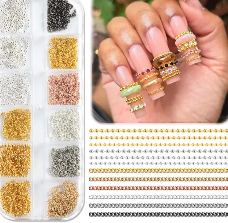 12 Strips Metal Chain Nail Art Charms, 3D Gold Silver Dark Gray Nail Chains Punk Alloy Nail Rivets Jewelry for Women Gothic Manicure Accessories DIY Crafts Decorations