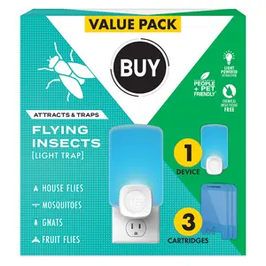 Indoor Flying Insect Light Trap with Sticky Cartridges, Plug-In Pest Control for Fruit Flies, Gnats, Mosquitoes and Moths, Includes Device and 3 Refills