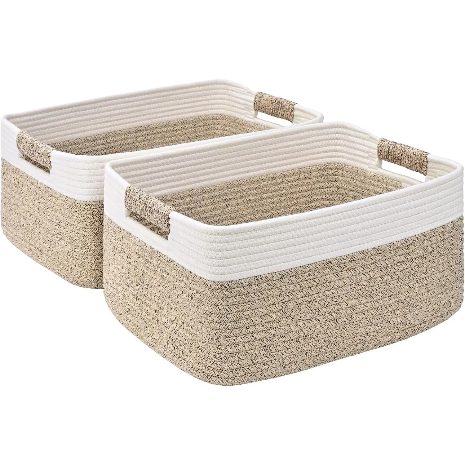 2 Pack Large Storage Basket for Organizing, 17.5"x13"x7" Woven Basket for Shelves, Closet Cube Storage Bins with Wrapped Handle, Cotton Rope Baskets for Kitchen, Clothes, Toys(Off White & Brown)