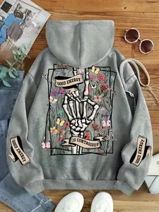 Women's Skeleton Hand Print Drawstring Hoodie, Loose-Fit Minimalist Design, Casual Long Sleeve Hooded Sweatshirt for Fall & Winter