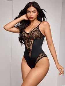 Wireless Floral Lace Sheer Backless Sexy Bodysuit For Women, Black, Daily Wear Red Bodysuit Women One Piece Lingerie Bodysuit Red Lace Bodysuit