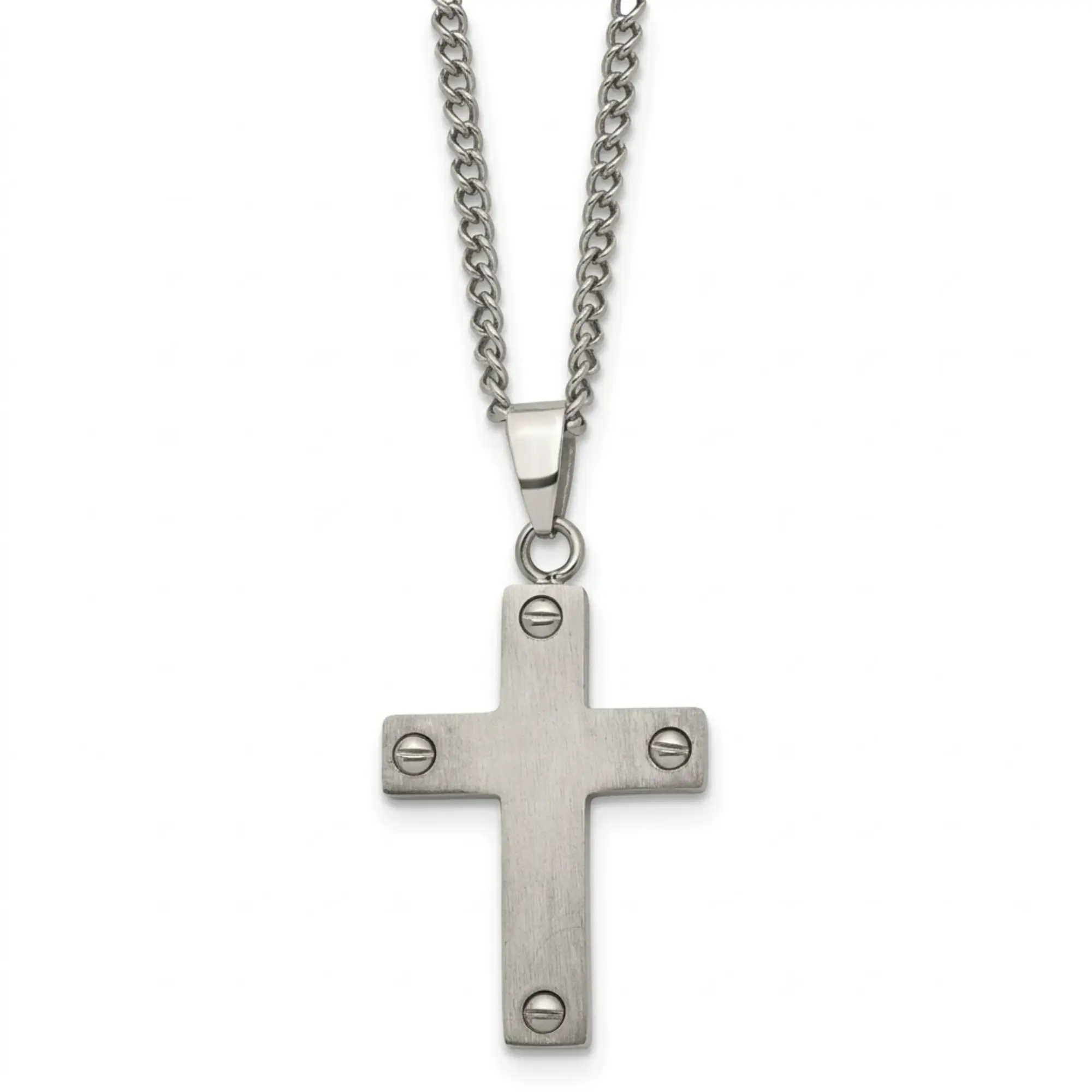 Men’s Titanium Cross Necklace - 2mm Brushed Grey Pendant, 22” Chain, Durable Hypoallergenic Minimal Casual Style Cross Emblem Chain Jewelry Long Necklaces for Her, Cross Emblem Necklaces