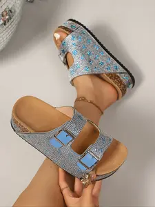Women's Rhinestone Letter Dual Buckle Wedge Sandals, Summer Soft Rubber Sole Thick Bottom Flip Flops, Outdoor Wear Height Boost Beach Shoes