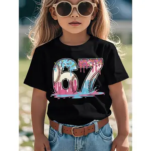 Girls' 67 Number Baseball Ice Cream Drip Meme Graphic T-Shirt - Short Sleeve Round Neck Casual Summer Top with Graffiti-Style 67 Number & Baseball Bat Design, Trendy Streetwear for Sports Events & Casual Attire, Comfortable Knit Fabric for Girls 6-7