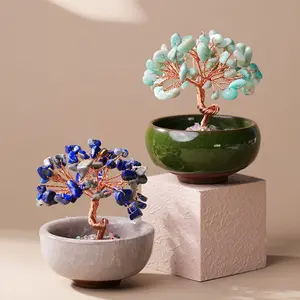 Natural Crystal Flower Pot Tree Decoration, Home Desktop Ornament, Handmade Carved Indoor Scene Decor, Holiday Gift, Decorative