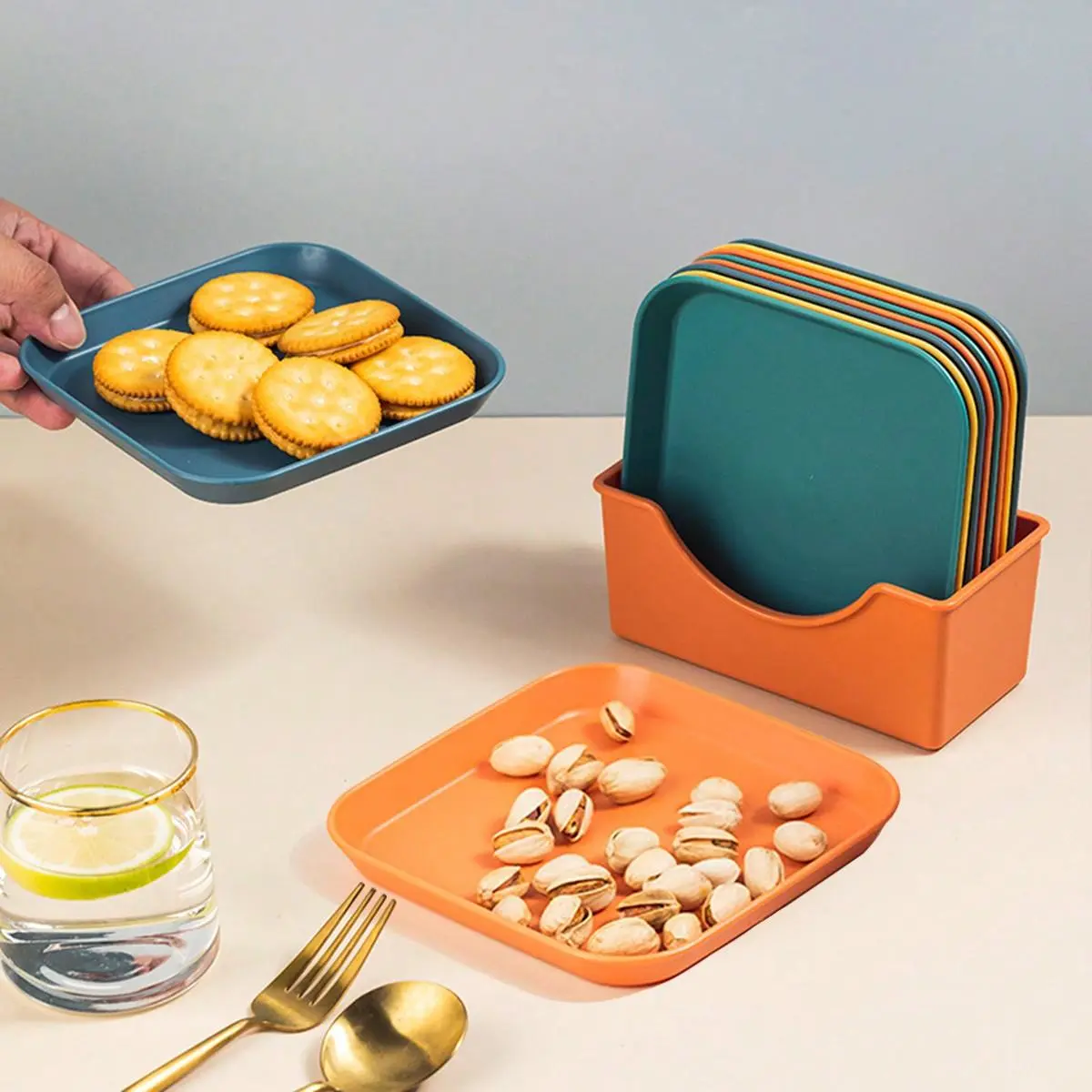 Random Color Plastic Food Plates with Holder Set, 5 Counts Square Bone Dish & 1 Count Stand, Snack Plate, Kitchen Food Tableware, Dining Plate Set, Dinnerware