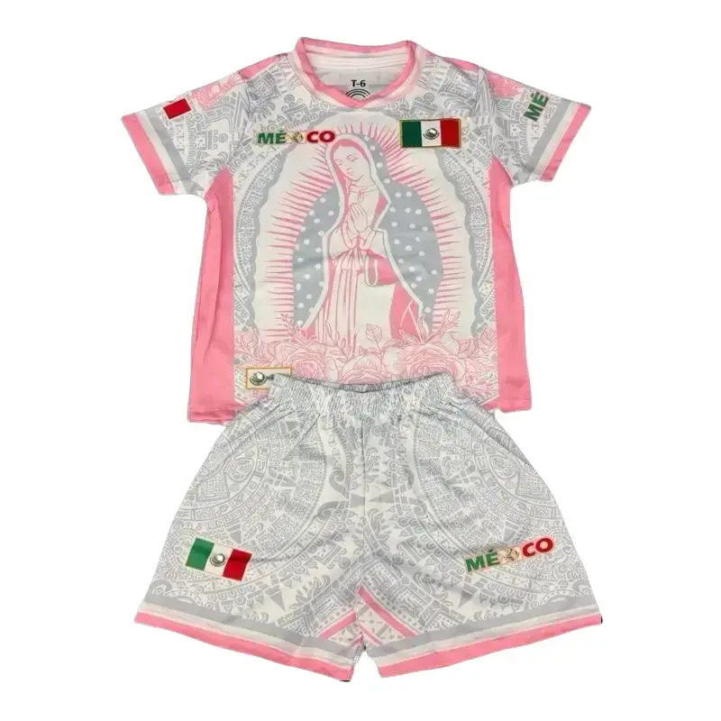 Virgencita Soccer Set Grey & Light Pink Unisex Jersey & Shorts Mexico Flag Design for Fans San Juditas