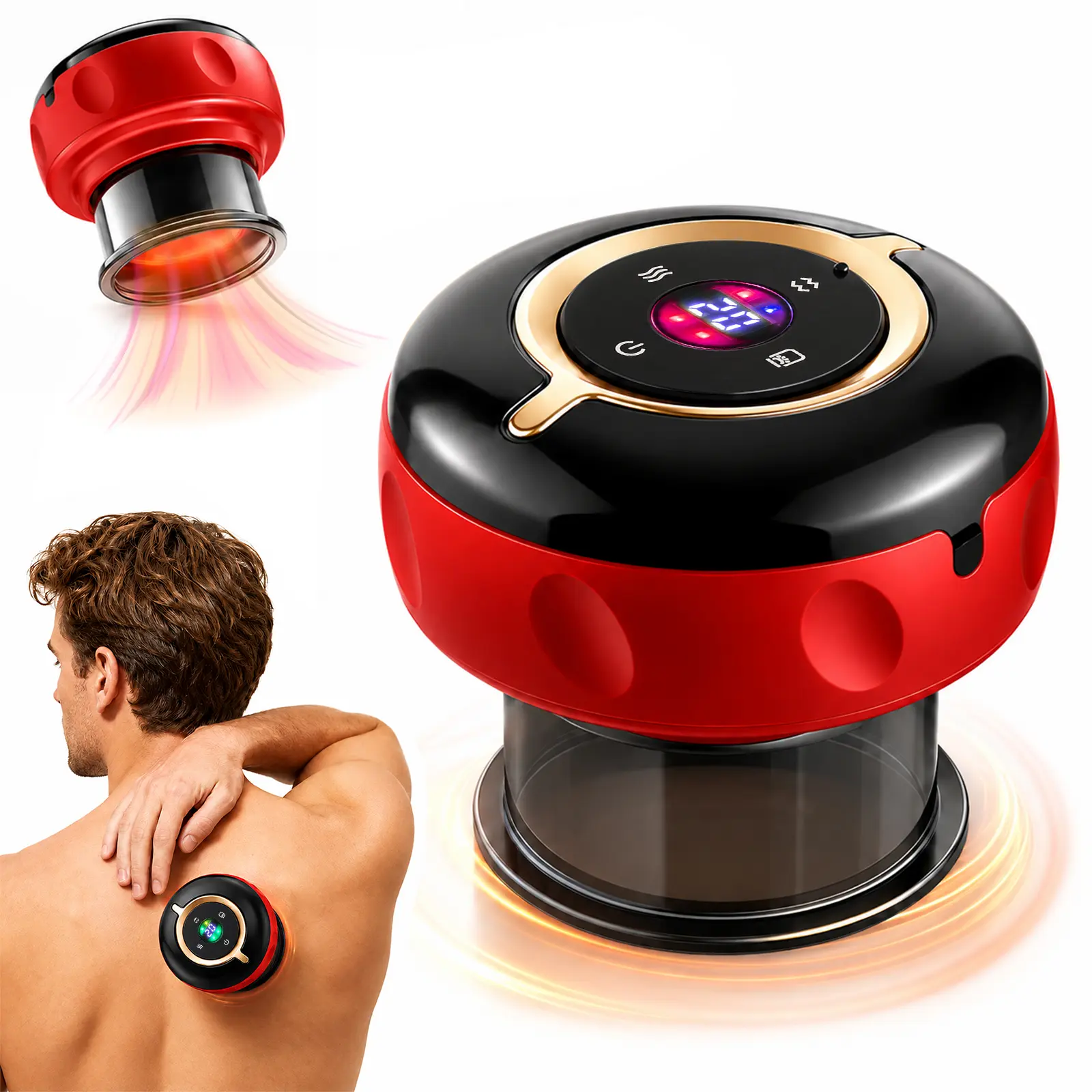 Electric Cupping Massager, Smart Red Light Heating & Vacuum Suction Gua Sha Scraping Tool, Rechargeable Portable Body Care Device with Adjustable Suction for Back, Neck, Shoulders, Arms and Legs