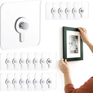 20 Pcs Adhesive Picture Hooks, 20 Ibs Load Heavy Duty Self Adhesive Wall Hooks for Hanging, Waterproof Picture Hangers Without Nails for Bathroom Kitchen, Transparent Sticky Hooks for Frames