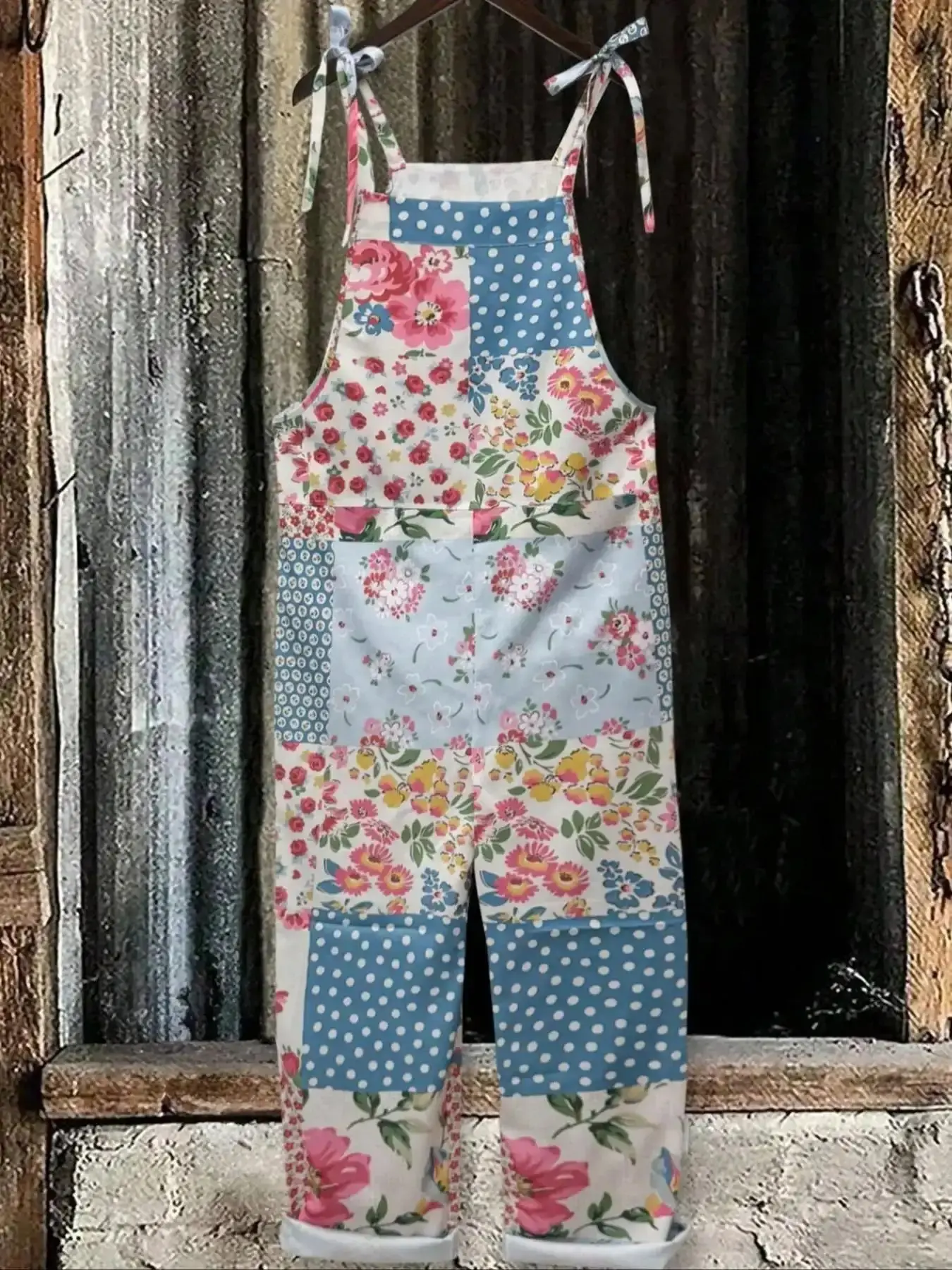 Women's Spring/summer Casual Boho Hippie Summer Jumpsuit with Floral Pattern Patchwork Design, Bohemian Comfortable Vacation for Holiday Travel Print Overalls flattering street style modern go to