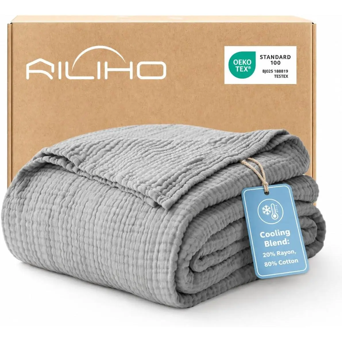 Cooling Muslin for Hot Sleepers, 20% Rayon Derived from Bamboo, 80% Cotton, Summer Blanket, 6-Layer Soft & Breathable Gauze Blanket, All Season Use, 50"x60", Medium Gray
