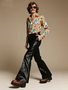 Men's Vintage Flare Pants, Sequin Trousers, 80s Nostalgic Wide Leg Long Pants, Retro Style, Casual Fashion