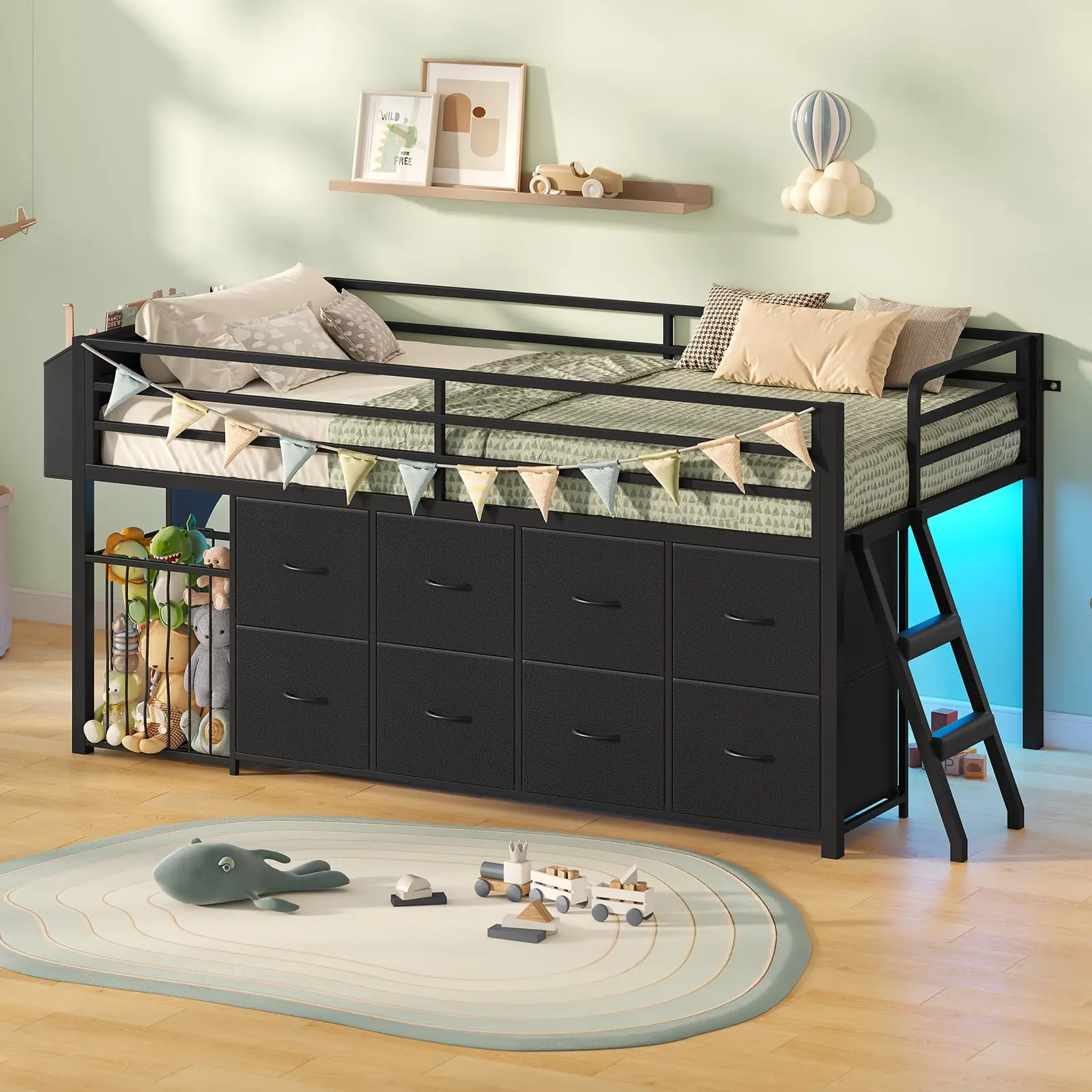 Twin Size Low Loft Bed with 8 Storage Drawers & Toy Organizer, Metal Loft Bed with RGB Lights, 13" H Safety Guardrail, Play Zone, Heavy Duty Twin Low Loft Bed with 2-Step Ladder & Anti-Tip Kit, No Box Spring Needed, Black