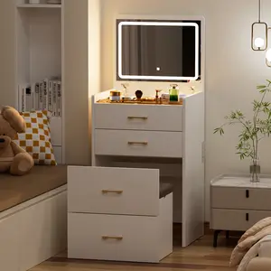 23.6'' Wide Makeup Vanity Table with Flip Top Lighted,Storage Makeup Stool,3 in 1 Vanity Desk with Visible Glass, LED Light & Power Outlet ,3 Drawers & Upholstered Stool