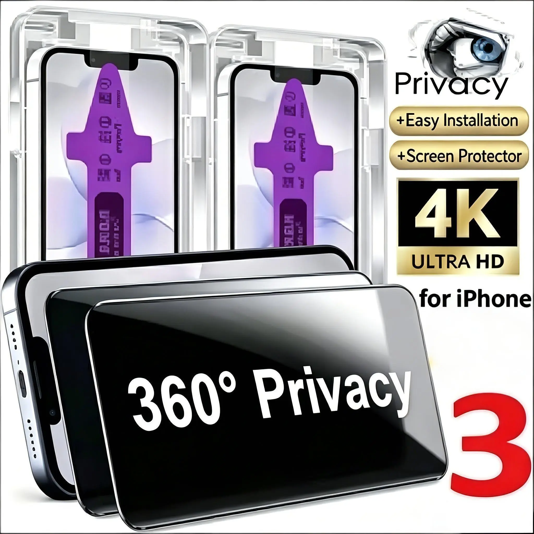 3-Pack 360° Privacy Anti Peeping Tempered Glass Screen Protector, Easy Install, Anti-Glare, Anti-Fingerprint, Dust-Resistant, Mobile Phone Accessory, for iPhone 11/12/13/14/15/16/17/Plus/Pro/Pro Max/17Air Series Accessories