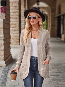 Women's Solid Color Ribbed Fleece Casual Commuter Long Sleeve Cardigan Jacket, Soft & Warm Fall Winter Outerwear Coat for Women