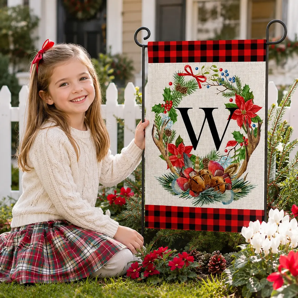 Christmas Monogram Garden Flag, Personalized Family Initial Yard Flag, Double-Sided 12x18 Inch Buffalo Plaid Winter Holiday Outdoor Porch Lawn Decor, Flag Only