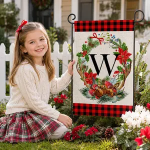Christmas Monogram Garden Flag, Personalized Family Initial Yard Flag, Double-Sided 12x18 Inch Buffalo Plaid Winter Holiday Outdoor Porch Lawn Decor, Flag Only