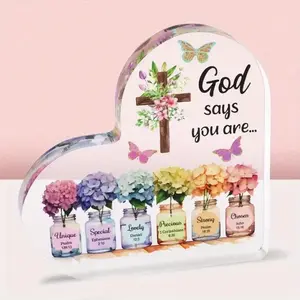 [2D Flat] 6x6 Inch Christian Religious Acrylic Heart Plaque with Butterfly & Floral Design - "God Says You Are..." Inspirational Gift for Women, Mom, Sister, Friend, Wife, Tabletop Decor, Spiritual Encouragement, Religious Gift|Butterfly