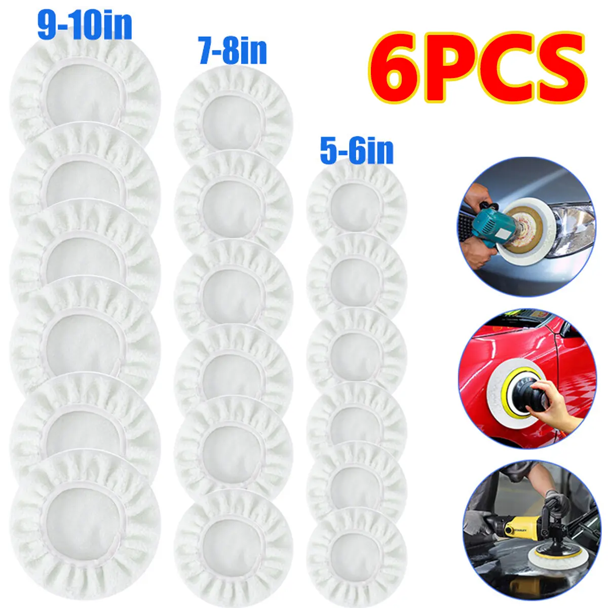 6Pcs Polishing Bonnet Buffer Pads For 5-6" 7-8" 9-10'' Car Polisher Soft Wool