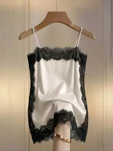 Spring Summer Women's Sexy Lace Satin Backless Top, Thin Strap Low Neck Long Sleeve Blouse, Fashionable Party Dress