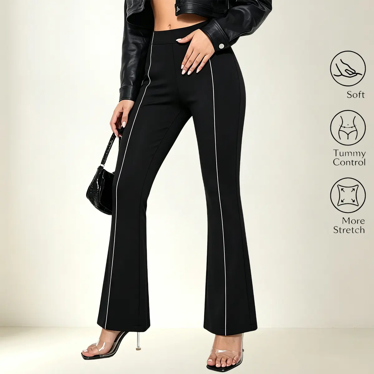 JOGWAVE women’s high-waisted stretch flared pants, casual slim-fit crossover waistband design, suitable for all seasons, women’s apparel, solid tapered cuffs, suitable for year-round wear, fits various body types, ideal for both casual and formal occasion
