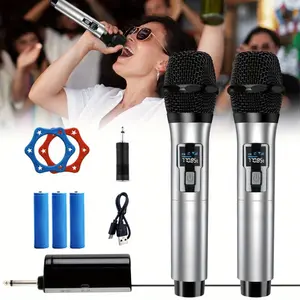 Dual Microphone Rechargeable for Home Ktv Outdoor Portable Singing Performance Handheld Microphone System Home Karaoke System Handheld Audio Device Metallic Finish