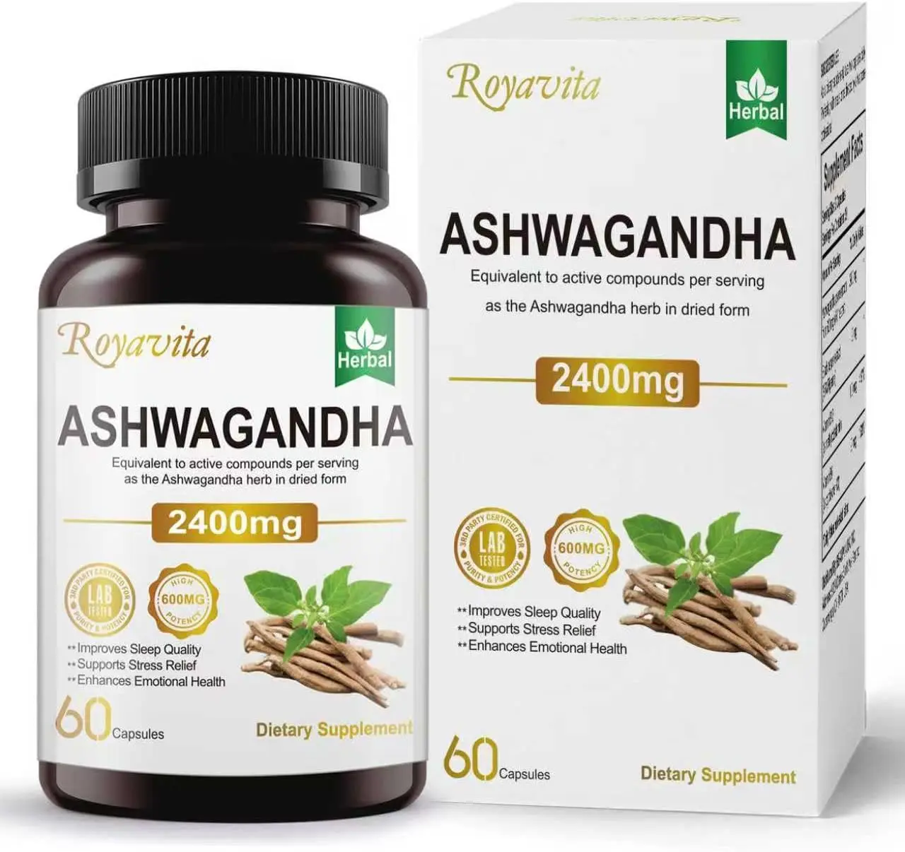 HOT ITEM 2026!!! Royavita Organic Ashwagandha Herbal Anxiety Multi-Dose Capsules Vitamins Supplements, 2400mg with Black Pepper, Vitamin B12 & B6 for Max Absorption, Natural Stress Aid, 60 Dietary Fitness Capsules