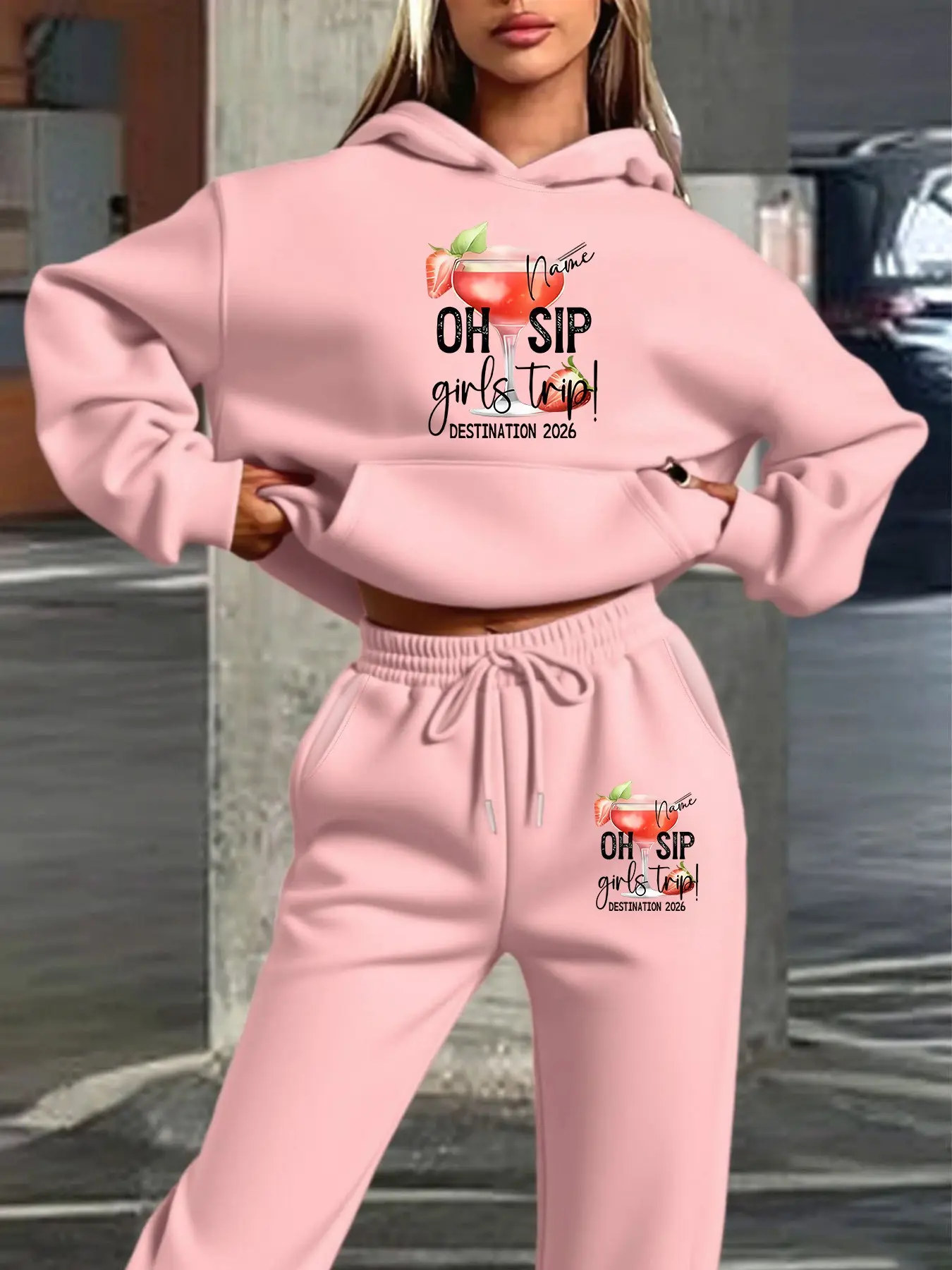 Women's Hooded Sweatshirt Set, Fall & Winter Casual Fitted, Strawberry Cocktail Graphic Print, Fun Slogan, High-Definition Screen Printing, Fashion