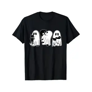 Halloween Funny Ghost & Black Cat Graphic T-Shirt, 180G Heavyweight Cotton Vintage Halloween Tee, Unisex Loose Plus Size Casual Streetwear, Breathable Soft Party Outfit