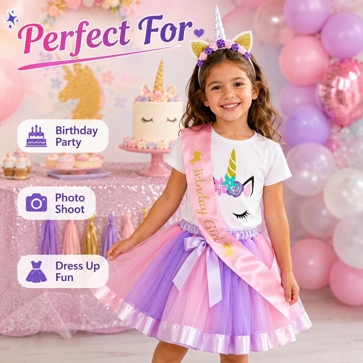 4PCS Girls Unicorn Birthday Outfit Set, Toddler Tutu Skirt Costume with T-Shirt, Unicorn Headband & Birthday Sash, Princess Dress Up Party Photo Shoot Clothes for Little Girls
