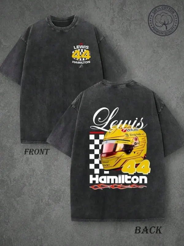Vintage Washed Lewiss Hamiltons 44 Racing T-Shirt, Double-Sided F1 Helmet Print Cotton Tee Men Motorsport Streetwear