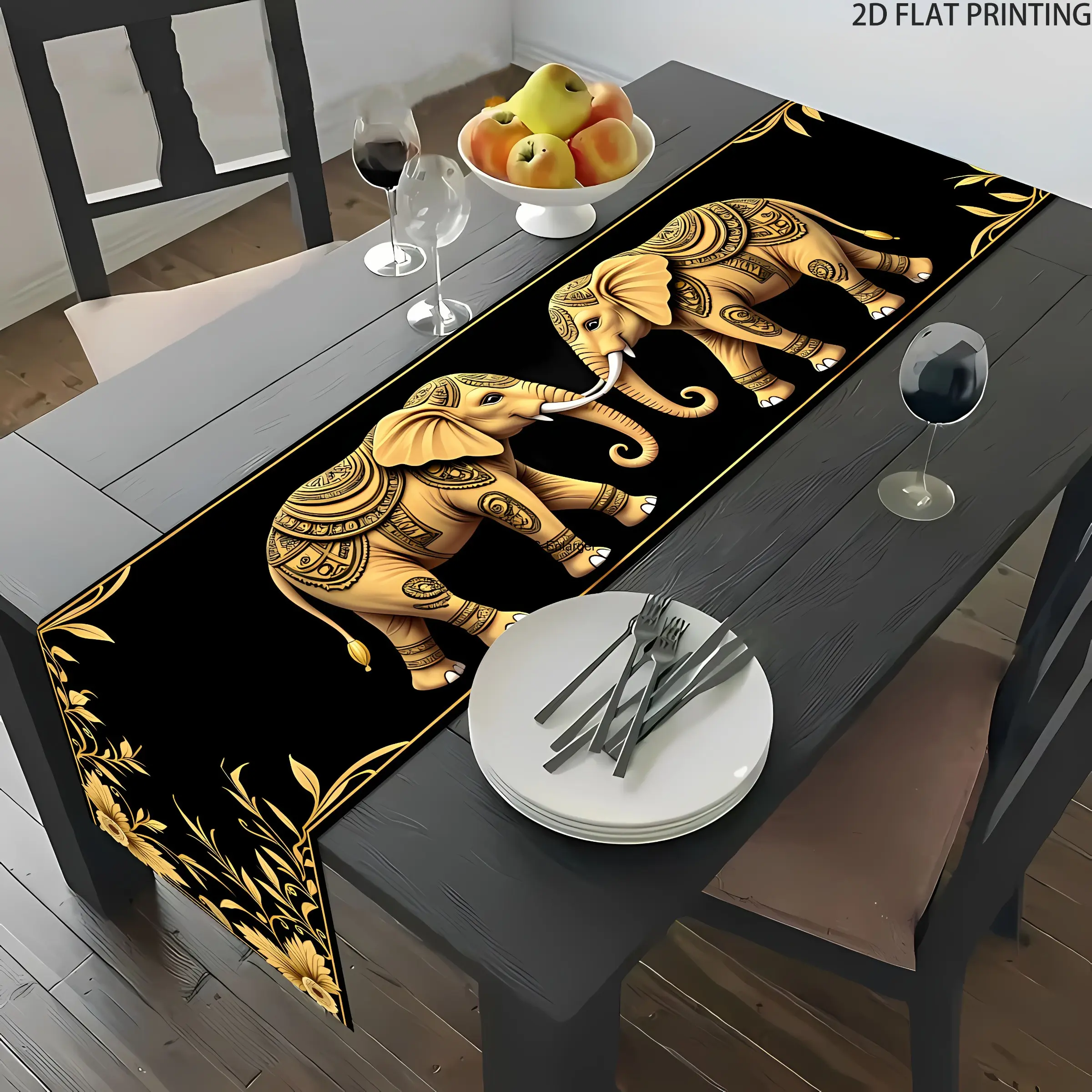 2D flat printing, displaying a symmetrical rectangular table flag, Table runner, with two elephants, suitable for dining tables, coffee tables, home party decorations, cultural decorations in kitchens, parties, and festivals