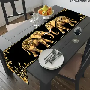2D flat printing, displaying a symmetrical rectangular table flag with two elephants, suitable for dining tables, coffee tables, home party decorations, bright cultural decorations in kitchens, parties, and festivals