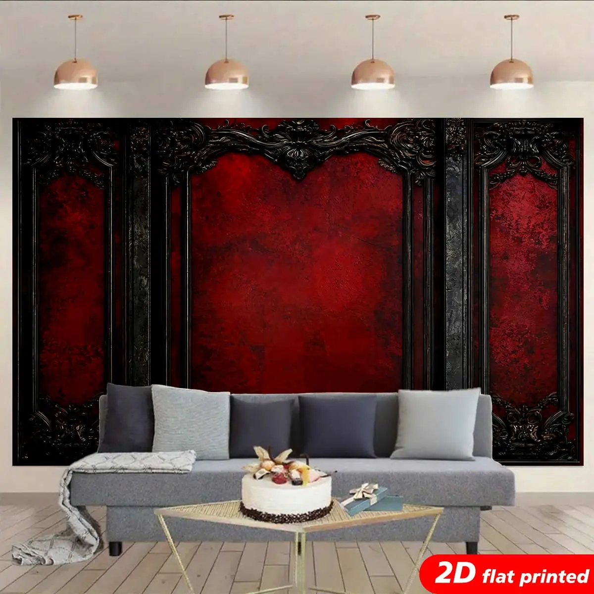 Vintage Red-Black Baroque Gothic Victorian Ornate Synthetic Plain Photo Tapestry Wall Hanging - 2D Crisp HD Print Lightweight Polyester Decoration with Black Accents, Wrinkle Resistant Fade-Resistant Hue Arch Backdrop for Indoor Rooms, Gothic Parties Gift