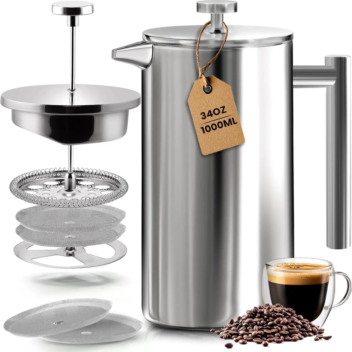 Stainless Steel  Press Coffee Maker 34 Oz (1 Litre) with 2 Extra Filters,  Press Coffee &  Maker for  & Camping, Cold Brew Cafetiere,
