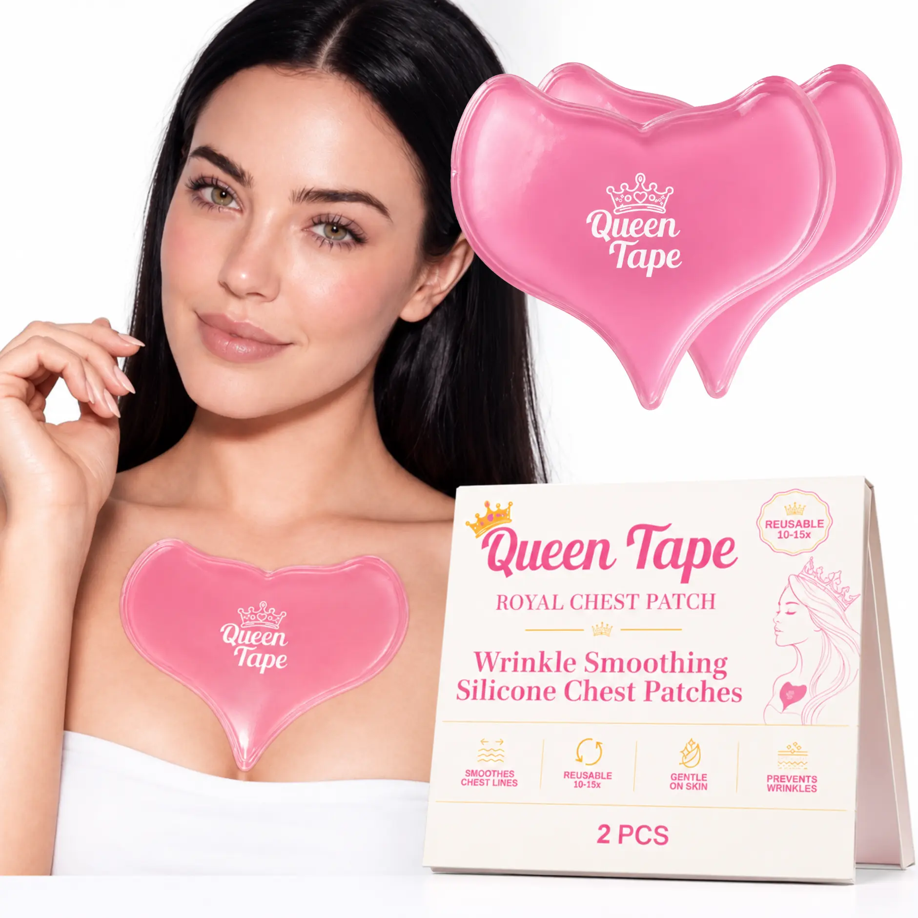 Queen  Royal Chest Patches – Reusable Silicone Chest Wrinkle Patches for Sleeping, Helps Smooth Décolleté Lines and Sleep Creases, Gentle Overnight Skin Care, 2 Count