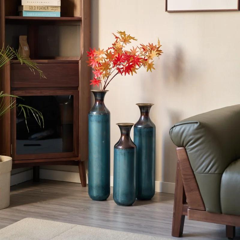 USA Stock Torch-Fired Metal Rustic Flower Vases Set 3 Tall Blue Burnt Finish High Quality Floor Vases for Farmhouse Living Room