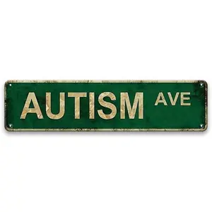 Vintage "Autism Ave" Tin (4" x 16") - Distressed Green and White, Wall Decor for Home, Bar, Cafe, Garage | Country Street Style, Vintage Tin , Wall , Rustic Farmhouse Design Sign